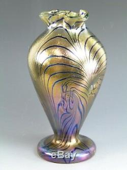 KRALIK Glass Art Nouveau Iridescent Blue over Gold King Tut Pattern Vase