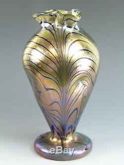 KRALIK Glass Art Nouveau Iridescent Blue over Gold King Tut Pattern Vase