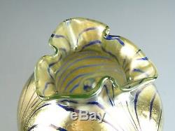 KRALIK Glass Art Nouveau Iridescent Blue over Gold King Tut Pattern Vase