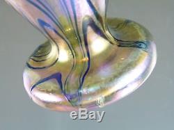 KRALIK Glass Art Nouveau Iridescent Blue over Gold King Tut Pattern Vase