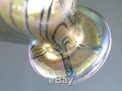 KRALIK Glass Art Nouveau Iridescent Blue over Gold King Tut Pattern Vase