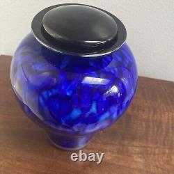 Karine Bouchard Blue Hand Blown Art Glass Vase Urn Wilbur Sapphire Seas Signed