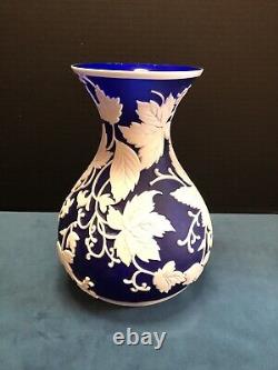 Kelsey Murphy Pilgrim Glass Vase Sand Carved Cameo Colbalt Blue and White