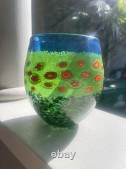Ken & Ingrid Hanson Green & Blue Garden Milifiore Art Glass Vase Signed 7