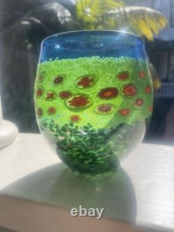 Ken & Ingrid Hanson Green & Blue Garden Milifiore Art Glass Vase Signed 7