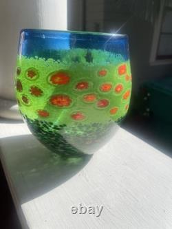 Ken & Ingrid Hanson Green & Blue Garden Milifiore Art Glass Vase Signed 7