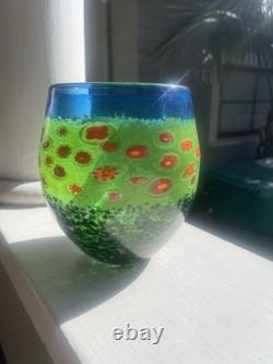 Ken & Ingrid Hanson Green & Blue Garden Milifiore Art Glass Vase Signed 7