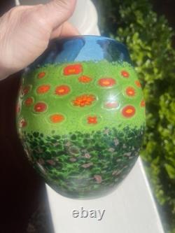 Ken & Ingrid Hanson Green & Blue Garden Milifiore Art Glass Vase Signed 7