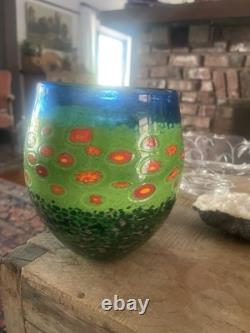 Ken & Ingrid Hanson Green & Blue Garden Milifiore Art Glass Vase Signed 7
