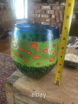 Ken & Ingrid Hanson Green & Blue Garden Milifiore Art Glass Vase Signed 7