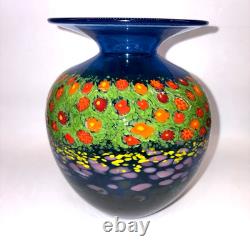 Ken and Ingrid Hanson Millefiori Poppy Vase 7.5 Blue & Iridescent Background