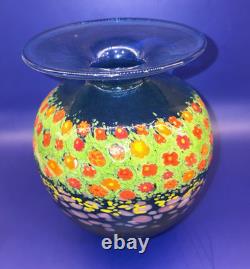 Ken and Ingrid Hanson Millefiori Poppy Vase 7.5 Blue & Iridescent Background Ken and Ingrid Hanson Millefiori Poppy Vase 7.5 Blue & Iridescent Background