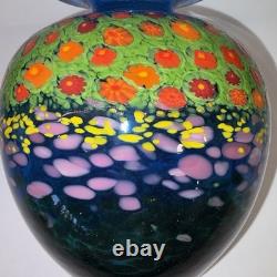 Ken and Ingrid Hanson Millefiori Poppy Vase 7.5 Blue & Iridescent Background