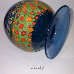 Ken and Ingrid Hanson Millefiori Poppy Vase 7.5 Blue & Iridescent Background