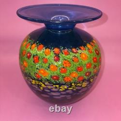 Ken and Ingrid Hanson Millefiori Poppy Vase 7.5 Blue & Iridescent Background