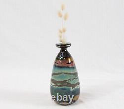 Kent Ipsen 1972 Vintage Studio Art Glass 7 1/4 Bud Vase Green Blue Orange