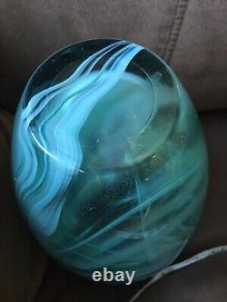 Kosta Boda Art Glass Vase Sweden Atoll Aqua Blue Aquamarine Swirl Anna Ehrner