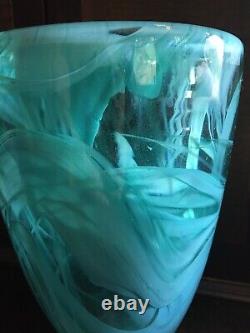 Kosta Boda Art Glass Vase Sweden Atoll Aqua Blue Aquamarine Swirl Anna Ehrner