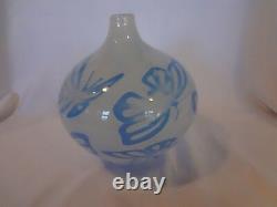 Kosta Boda Art Glass White Vase with Blue Butterflies- Olle Brozen sign number