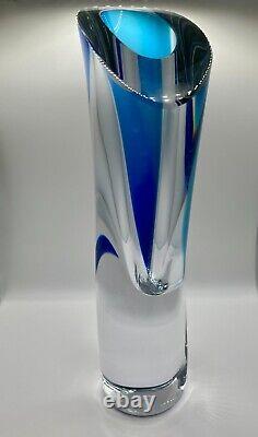 Kosta Boda Goran Warff Signed Clear and Blue Art Glass Vase