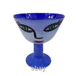 Kosta Boda Open Minds Blue Face Painted Glass Pedestal Bowl Vase Mint Condition