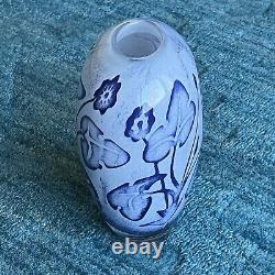 Kosta Boda Signed Olle Brozen Floating Flowers Blue Art Glass Vase