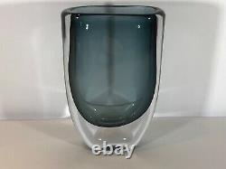 Kosta Boda Signed Vicke Lindstrand Thick Walled Smokey Blue Glass Vase. Lovely