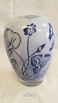 Kosta Boda Vase Signed OLLE BROZEN blown glass Sweden Scandinavian Blue Flowers