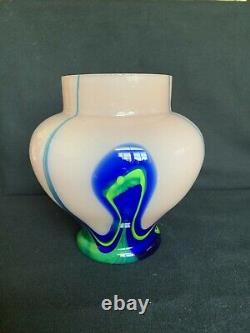 Kralik Art Deco Vase, Pink w Blue Canes, Blue/Green Leaves, Bohemian Czech