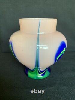 Kralik Art Deco Vase, Pink w Blue Canes, Blue/Green Leaves, Bohemian Czech