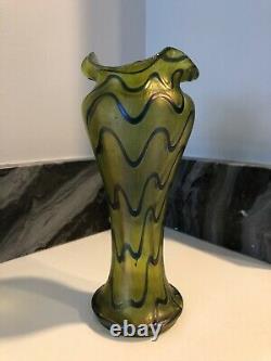 Kralik Art Nouveau Blue on Gold Iridescent 7.5 Art Glass Vase