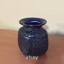 Kralik Bohemian glass threaded vase cobalt blue