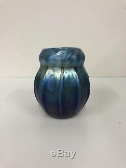 L. C. Tiffany Favrile Blue Glass Vase Art studio Signed