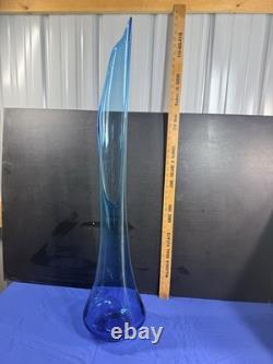 L. E. Smith 43 Peacock Blue Swung Glass Floor Vase Monumental MCM Vintage