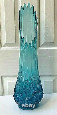 L E Smith Art Glass 24 Vase Blue Turquoise Swung Stretch Retro Mid Century Mod