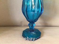 L E Smith Bluenique Dominion Footed 9 Panel 23-5/8 Glass Floor Swung Vase MCM