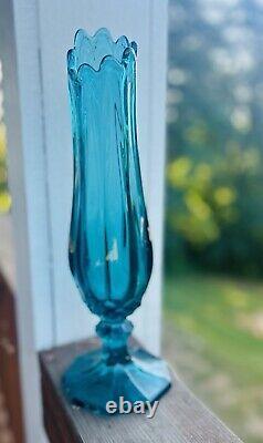 L. E. Smith Dominion Swung Footed Pedestal Vase Peacock Blue 9 Fingers MCM 15