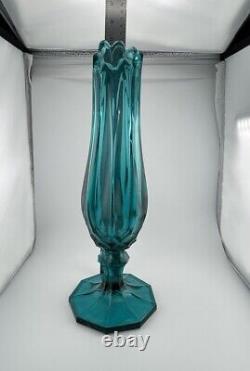 L. E. Smith Dominion Swung Footed Pedestal Vase Peacock Blue 9 Fingers MCM 15