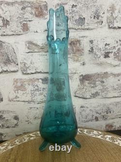 L. E. Smith Midcentury Modern Swung Glass Vase Gorgeous Peacock Blue 11 Tall