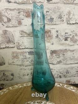 L. E. Smith Midcentury Modern Swung Glass Vase Gorgeous Peacock Blue 11 Tall