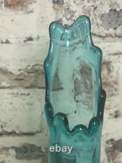 L. E. Smith Midcentury Modern Swung Glass Vase Gorgeous Peacock Blue 11 Tall