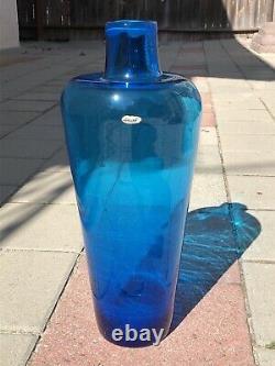 LARGE Vintage Mid Century Modern Blenko Blue Blown Glass Floor Vase RARE w Label