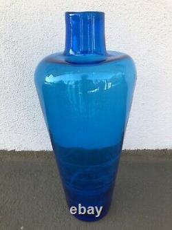 LARGE Vintage Mid Century Modern Blenko Blue Blown Glass Floor Vase RARE w Label