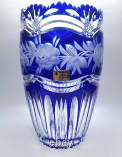 LAUSITZER Glass Cobalt Blue Cut To Clear 24% Leaded Crystal Vase 1 Chip