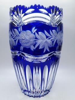 LAUSITZER Glass Cobalt Blue Cut To Clear 24% Leaded Crystal Vase 1 Chip