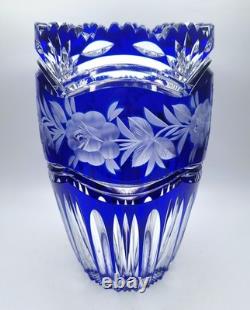 LAUSITZER Glass Cobalt Blue Cut To Clear 24% Leaded Crystal Vase 1 Chip
