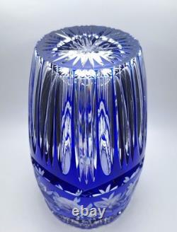 LAUSITZER Glass Cobalt Blue Cut To Clear 24% Leaded Crystal Vase 1 Chip