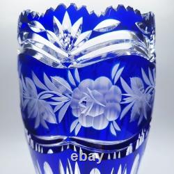 LAUSITZER Glass Cobalt Blue Cut To Clear 24% Leaded Crystal Vase 1 Chip
