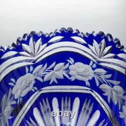LAUSITZER Glass Cobalt Blue Cut To Clear 24% Leaded Crystal Vase 1 Chip
