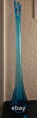 LE Smith 22 Teal Blue Paneled Swung Glass Vase Vintage MCM Retro
